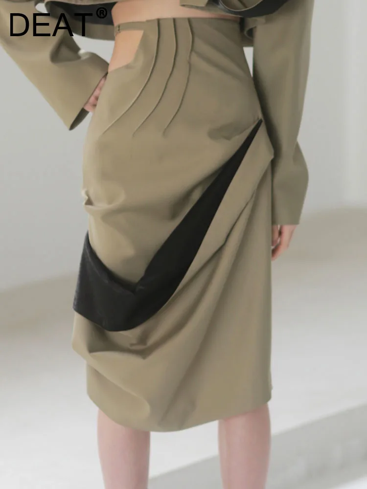 DEAT Fashion Women's Skirt New High Waist Hollow Out Irregular Color Matching Spliced Folds Mid-calf Skirts Autumn 2023 17A2637
DEAT Fashion Women's Skirt New High Waist Hollow Out Irregular Color Matching Spliced Folds Mid-calf Skirts Autumn 2023 17A2637