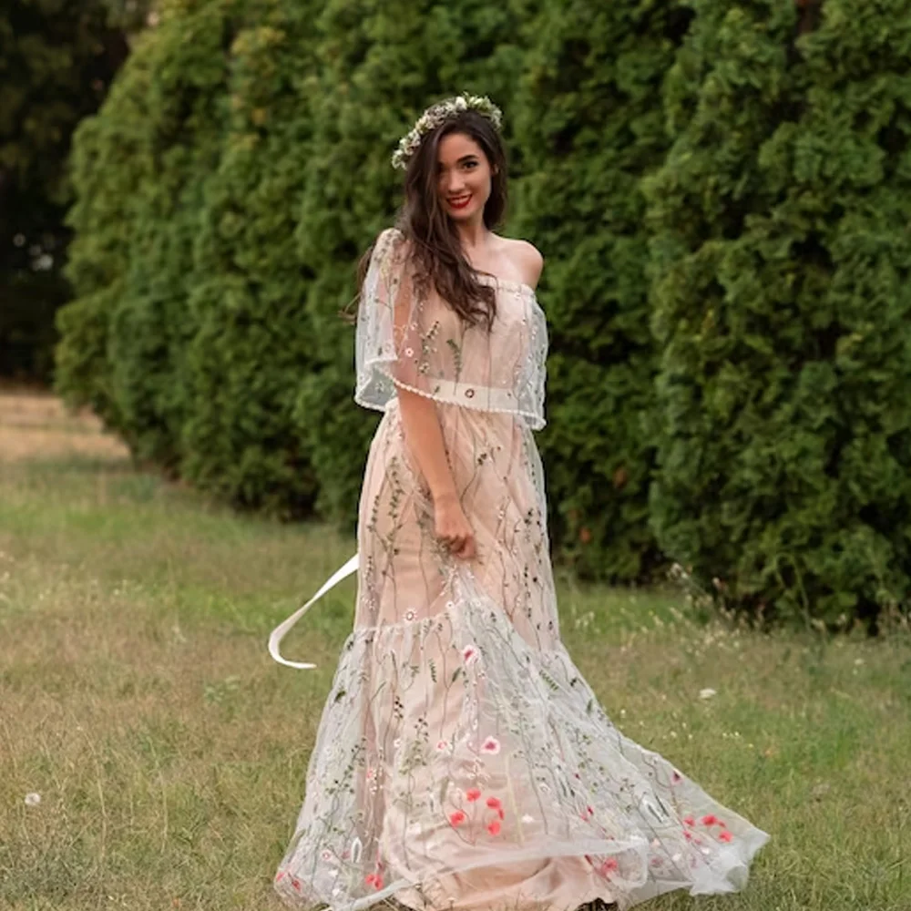 Sexy Prom Dresses Off the Shoulder 3/4 Sleeves Evening Dress Flower Illusion Party Gowns Floor Length A-line فساتين السهرة
Sexy Prom Dresses Off the Shoulder 3/4 Sleeves Evening Dress Flower Illusion Party Gowns Floor Length A-line فساتين السهرة