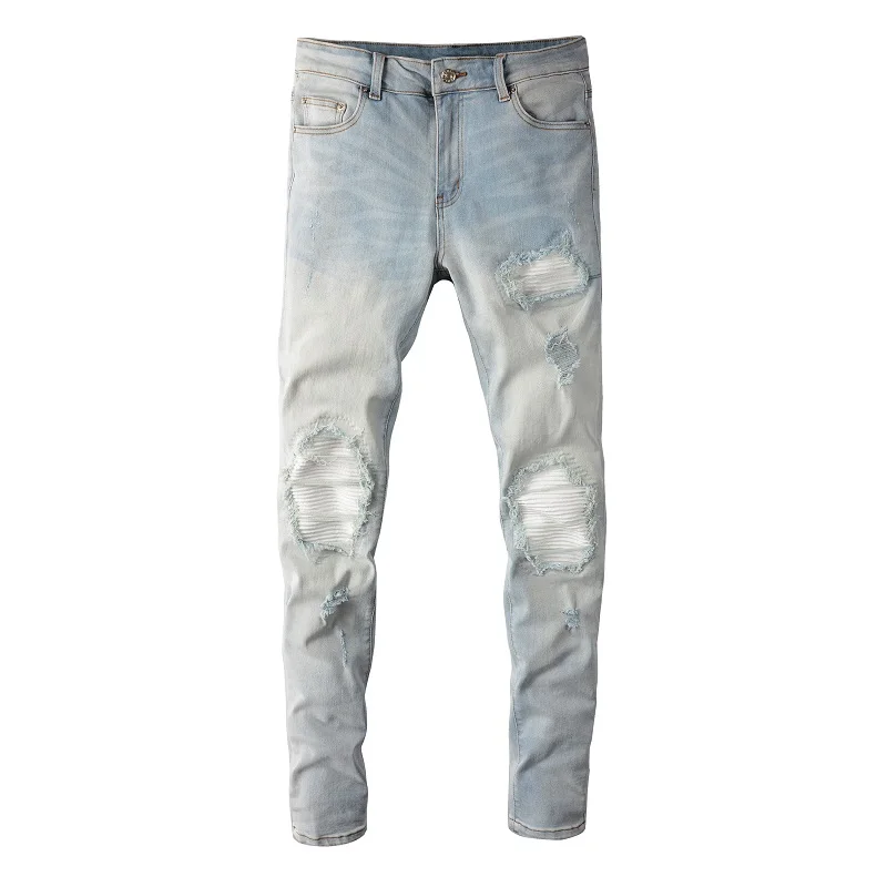 Men's Steetwear Style Skinny Stretch Holes Slim Fit Light Blue High Street Distressed White Bandana Ribs Patch Ripped Jeans
Men's Steetwear Style Skinny Stretch Holes Slim Fit Light Blue High Street Distressed White Bandana Ribs Patch Ripped Jeans
