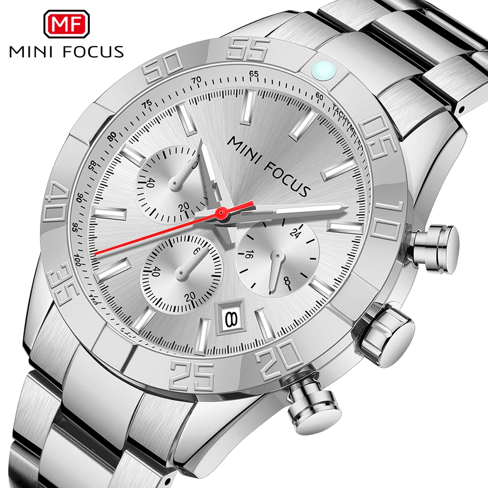 

MINI FOCUS Fashion Silver Sport Watch for Men Quartz Wristwatch Luxury Sub-Dials Calendar Business Steel Band relogio masculino