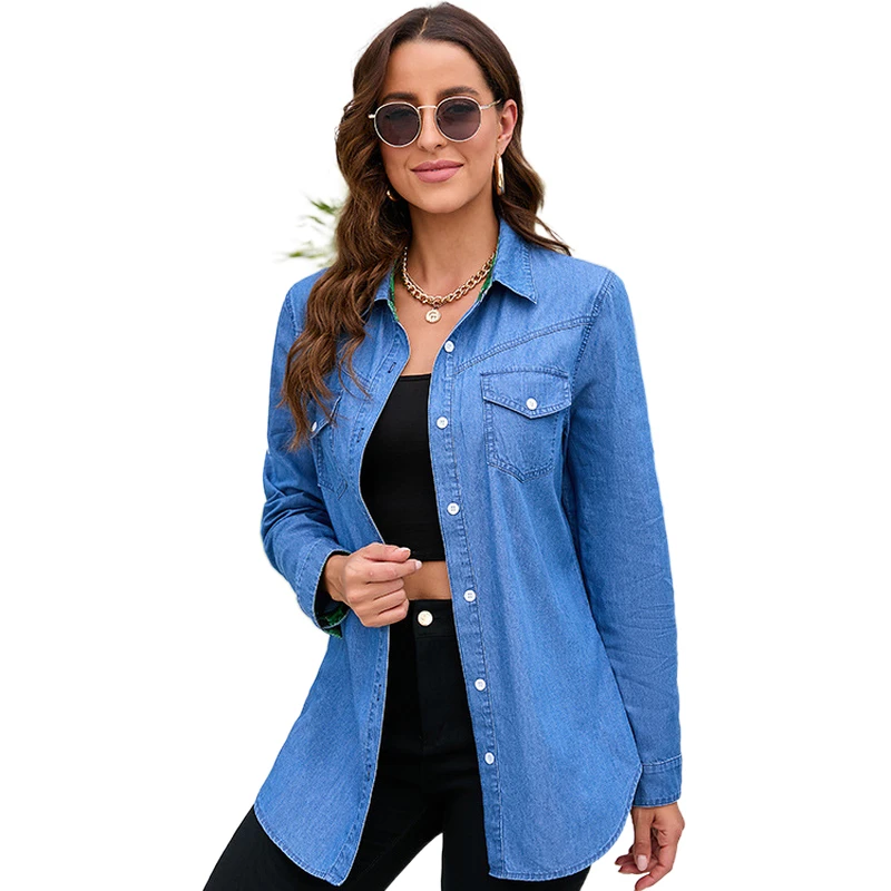 Autumn Elegant Solid Color Denim Shirts Women Turn Down Collar Single Breasted Long Sleeve Casual Street Jeans Shirt Blouses
Autumn Elegant Solid Color Denim Shirts Women Turn Down Collar Single Breasted Long Sleeve Casual Street Jeans Shirt Blouses