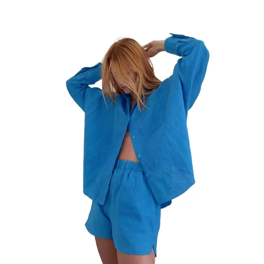 2022 Women Summer Two Pieces Sets Long Sleeve Women Blue Blouses With Mini Shorts Boho Cotton And Linen Women's Casual Suits
2022 Women Summer Two Pieces Sets Long Sleeve Women Blue Blouses With Mini Shorts Boho Cotton And Linen Women's Casual Suits