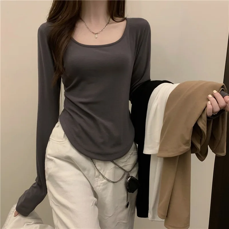 

JIERAN Women Long Sleeve Square Neck T-Shirt Spring And Autumn New Irregular Hem Slim Casual Top Girl Bottom Shirts