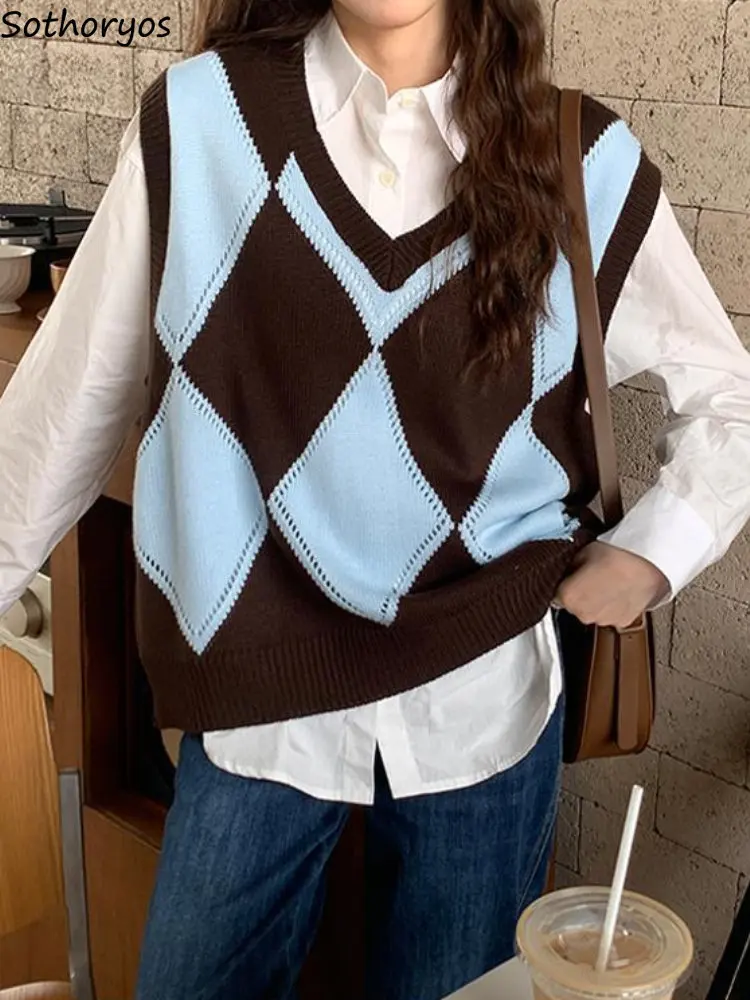 

Sweater Vests Women Argyle Design Panelled Simple Classic Loose Ulzzang Autumn Retro Ins Casual Daily Preppy Style Chic V-neck