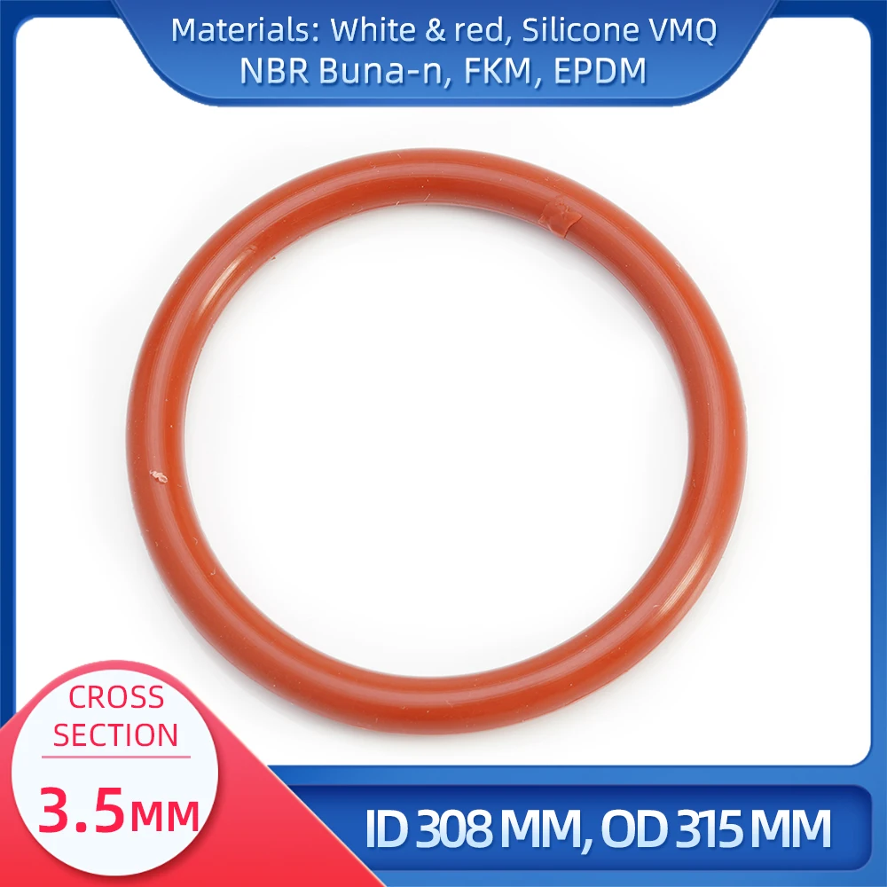 O Ring CS 3.5 mm ID 308 mm OD 315 mm Material With Silicone VMQ NBR FKM EPDM ORing Seal Gask
O Ring CS 3.5 mm ID 308 mm OD 315 mm Material With Silicone VMQ NBR FKM EPDM ORing Seal Gask