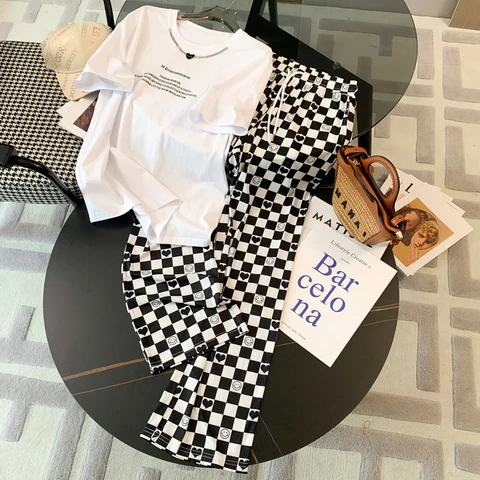 Amolapha Women Casual Sport 2 Pieces Suits Letter Cotton Short Sleeve Tshirt+Plaid Pants Tracksuit Clothing Sets
Amolapha Women Casual Sport 2 Pieces Suits Letter Cotton Short Sleeve Tshirt+Plaid Pants Tracksuit Clothing Sets