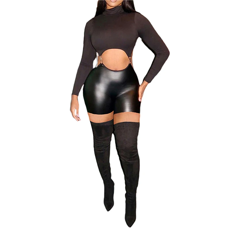Sexy Hollow Out Women Turtleneck Bodycon Playsuits PU Leather Patchwork Long Sleeve Overalls Female Rompers Outfits
Sexy Hollow Out Women Turtleneck Bodycon Playsuits PU Leather Patchwork Long Sleeve Overalls Female Rompers Outfits