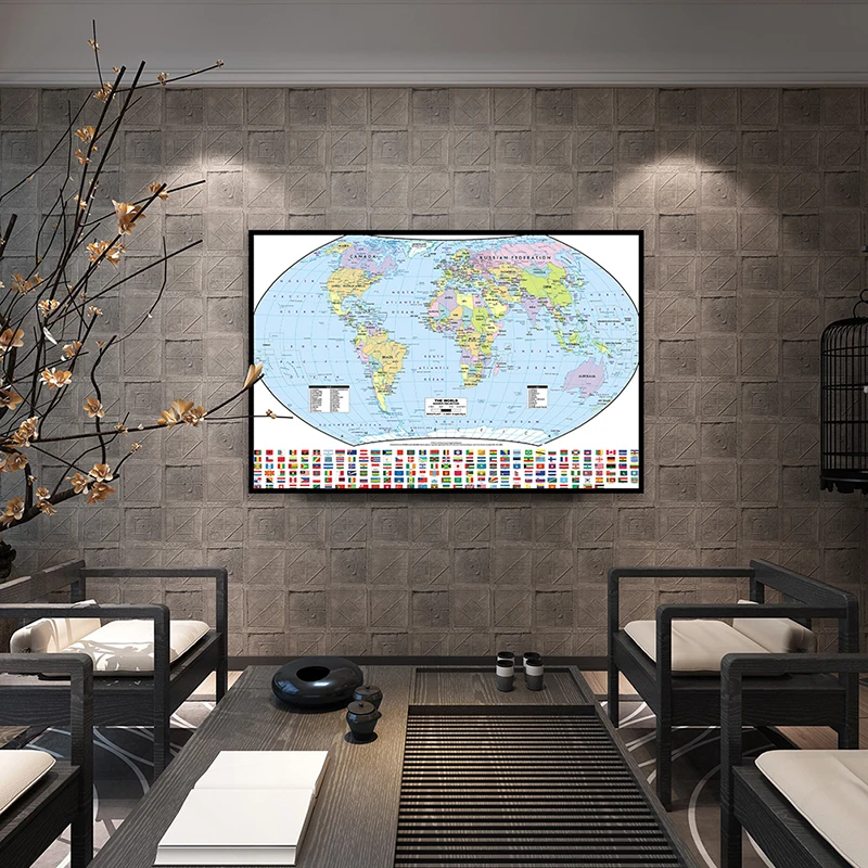 

90*60cm The World Map with National Flags Non-woven Canvas Painting Wall Art Posters and Print Room Home Decor Office Supplies