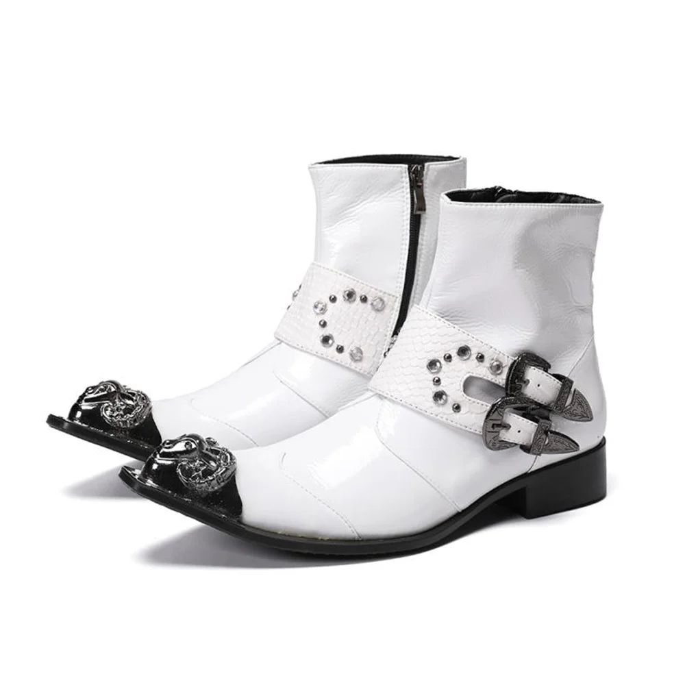 White Buckle With Metal Zipper Men Genuine Leather Pointed Toe Ankle Boots Plus Size 46 Fashion Party British Style Dress Shoes
White Buckle With Metal Zipper Men Genuine Leather Pointed Toe Ankle Boots Plus Size 46 Fashion Party British Style Dress Shoes