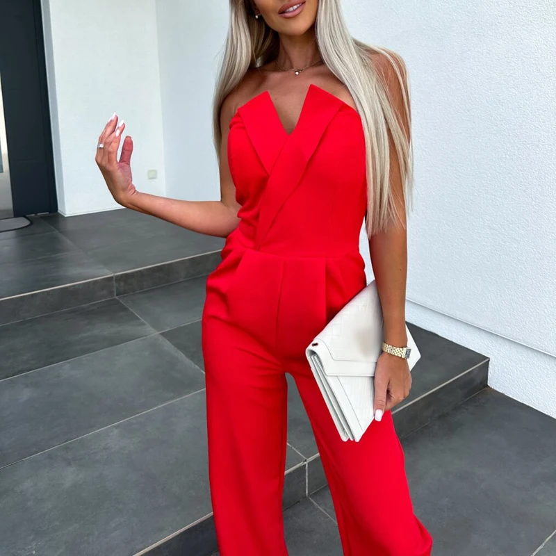 

Fashion Casual Sleeveless Commute Playsuit Office Lady Wide Leg Pant Jumpsuit Women Elegant Solid Lace-up Pocket Romper Overalls
