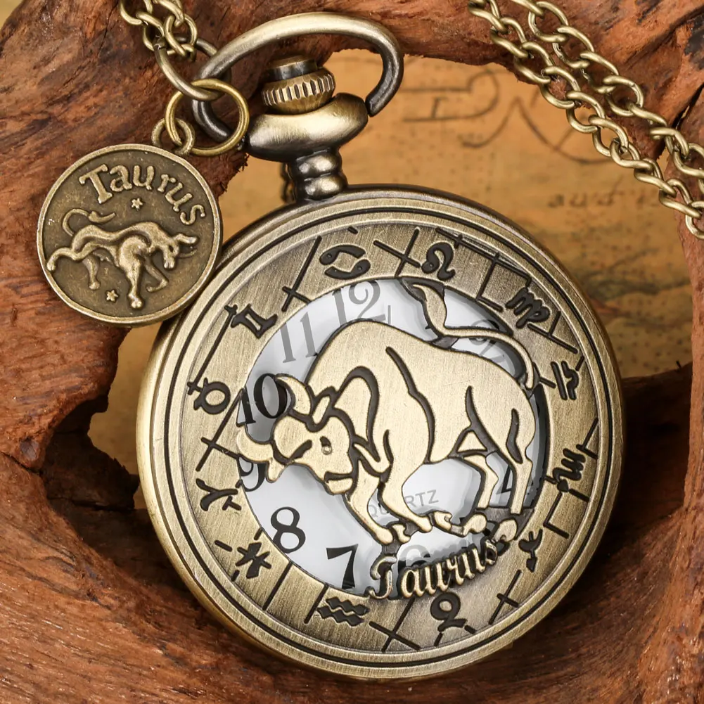 Bronze Taurus Quartz Pocket Watch Constellation Hollow out Pendant Pocket Watches Retro Constellation Clock with Accessory Gifts
Bronze Taurus Quartz Pocket Watch Constellation Hollow out Pendant Pocket Watches Retro Constellation Clock with Accessory Gifts