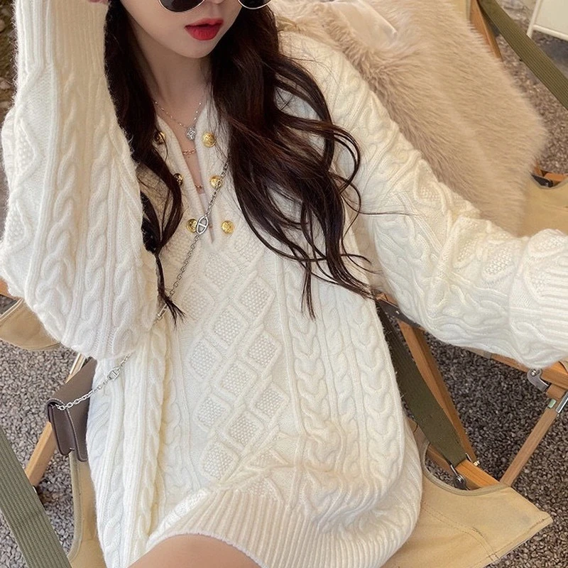 Autumn and Winter White Cable-Knit Sweater Women's Loose Pullover Underwear Knitted Top Pullover Jersey De Mujer Invierno
Autumn and Winter White Cable-Knit Sweater Women's Loose Pullover Underwear Knitted Top Pullover Jersey De Mujer Invierno