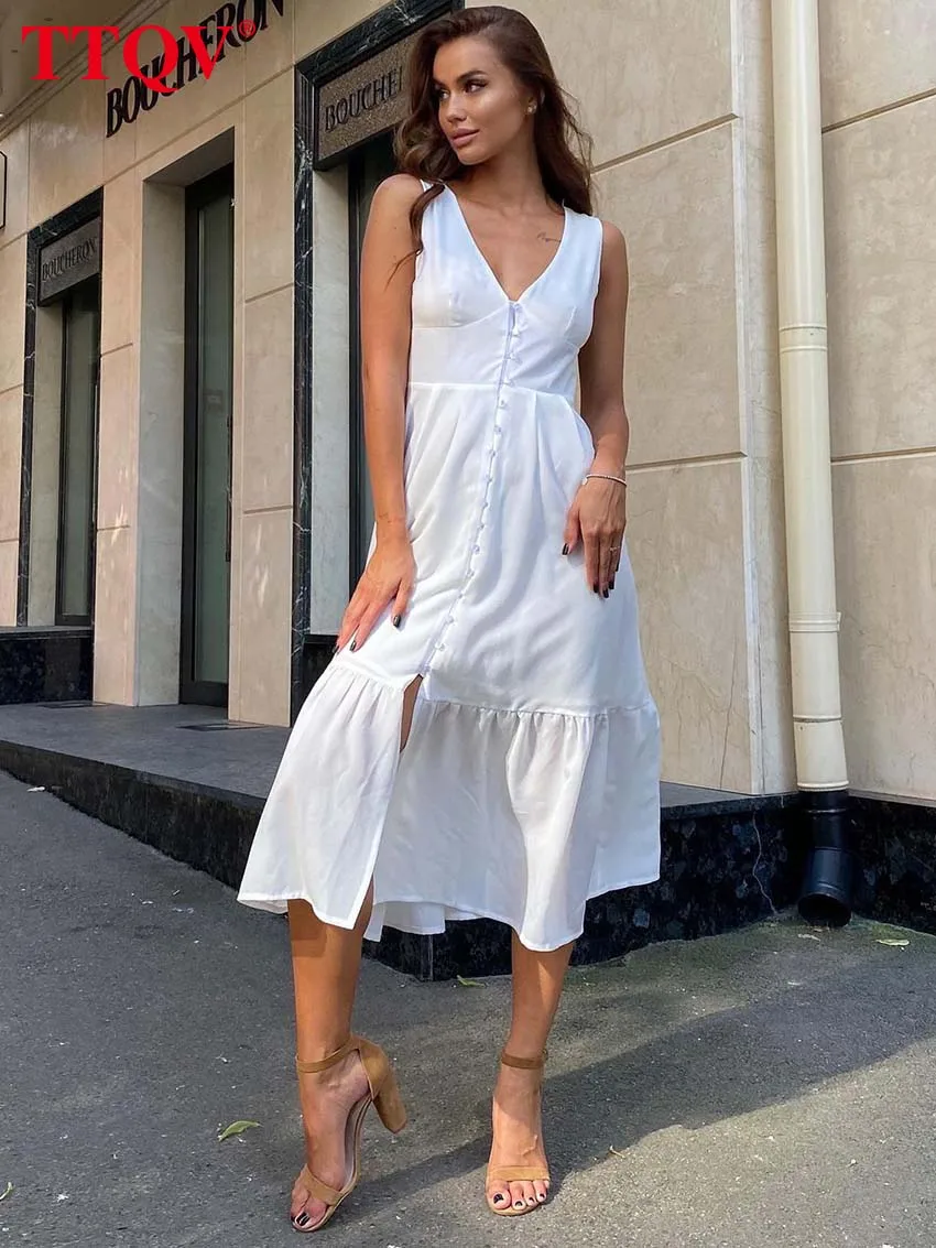 TTQV Women Deep V-neck White Dress Summer Sleeveless Single-breasted Bodycon Midi Dresses Elegant Chic Female Dress 2022
TTQV Women Deep V-neck White Dress Summer Sleeveless Single-breasted Bodycon Midi Dresses Elegant Chic Female Dress 2022