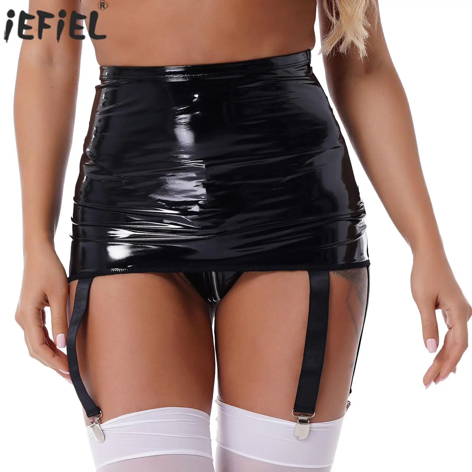 

Sexy Women Patent Leather Skirts Clubwear Elastic Waistband Glossy Garter Belt High Waist Suspenders with Six Metal Buckle Clips