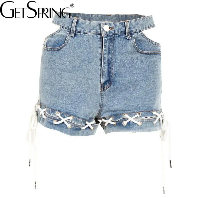 

GetSpring Women Denim Shorts High Waist Hollowed Out Rope Sexy Jean Shorts Fashion All Match 2022 New Style Girls Blue Shorts