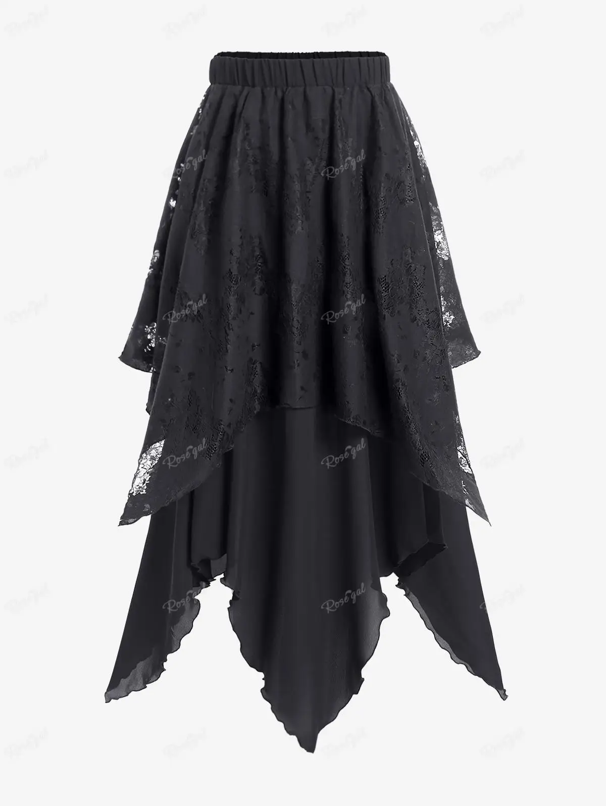 

ROSEGAL Plus Size Gothic Handkerchief Hem Skirt Black Lace Overlay Layered Tiered Skirts Streetwear Asymmetrical Midi Maxi Skirt