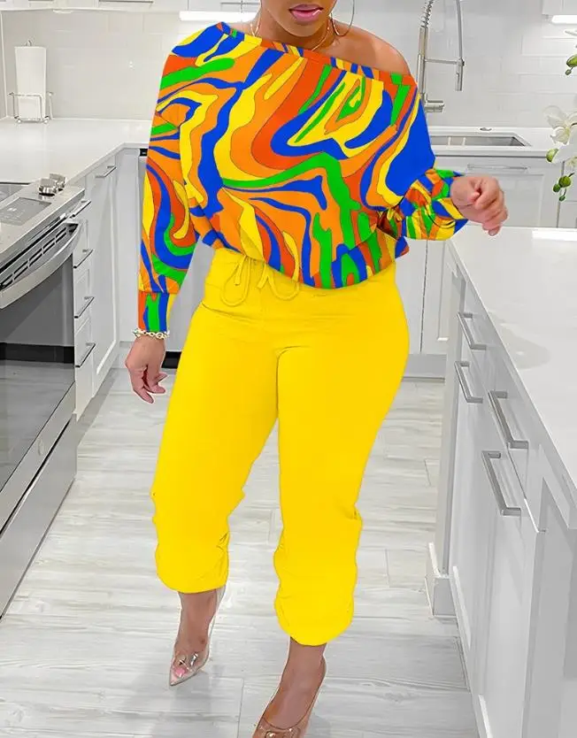 Two Piece Sets Womens Outfits 2023 Autumn Multi-Color Abstract Print Skew Neck Top & Fashion Pants Set Casual Women's Suits
Two Piece Sets Womens Outfits 2023 Autumn Multi-Color Abstract Print Skew Neck Top & Fashion Pants Set Casual Women's Suits