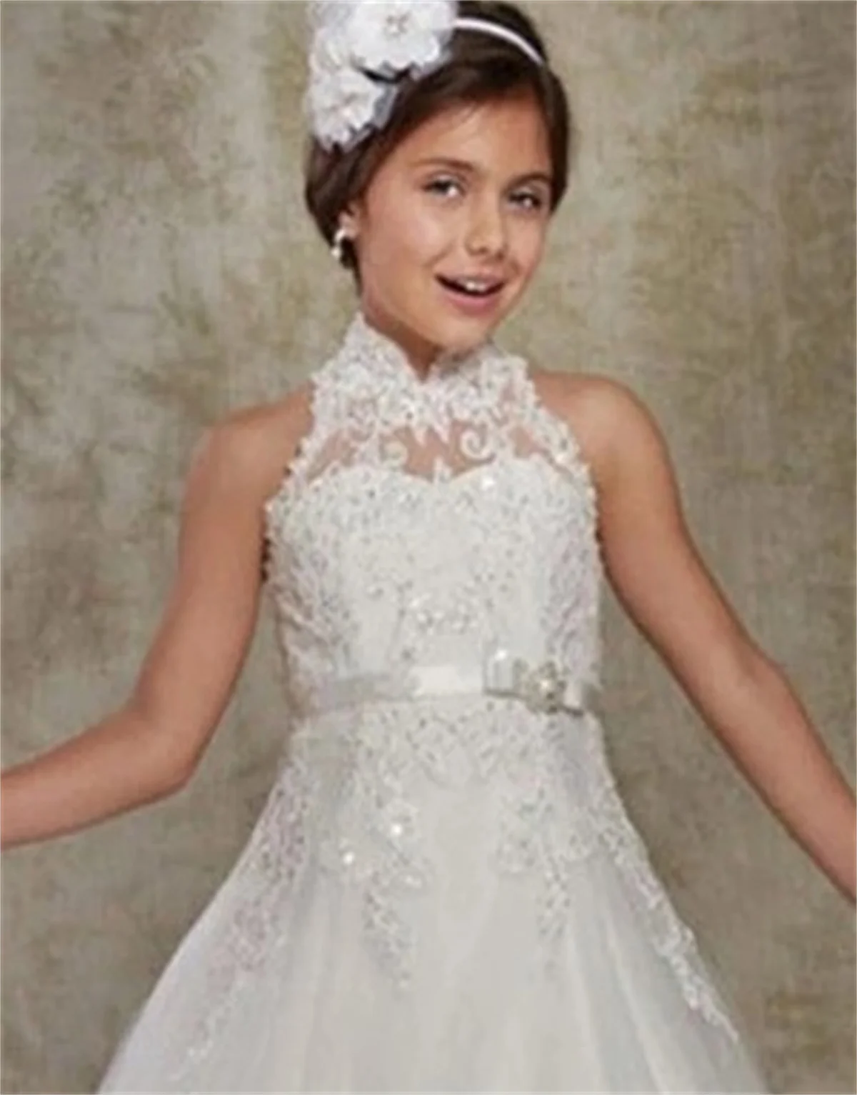 

Белое пушистое кружевное длинное платье без рукавов с аппликацией и цветами для девочек, милое платье для первого свадебного торжества, подружки невесты, дня рождения, празднования причастия