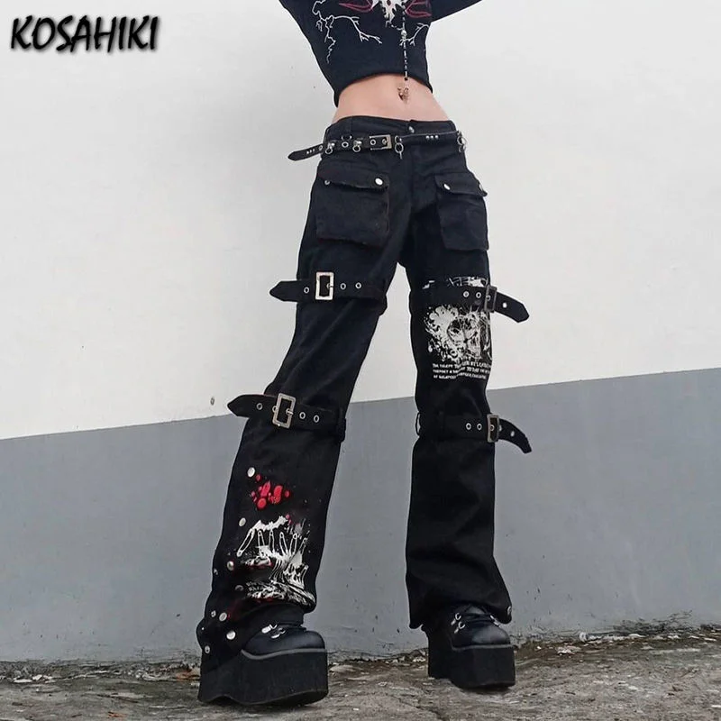 

Vintage Streetwear High Waist Skateboard Hip Hop Black Jeans Women Clothes Print Belted Y2k Boyfriend Baggy Denim Pants