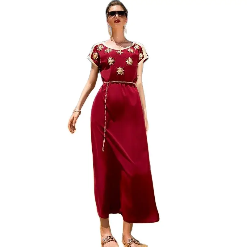 

Dresses For Women 2022 Summer Rhinestone Satin Tape Trim Belted Kaftan Short Sleeve Casual Loose Arab Dubai Moroccan Caftan Robe