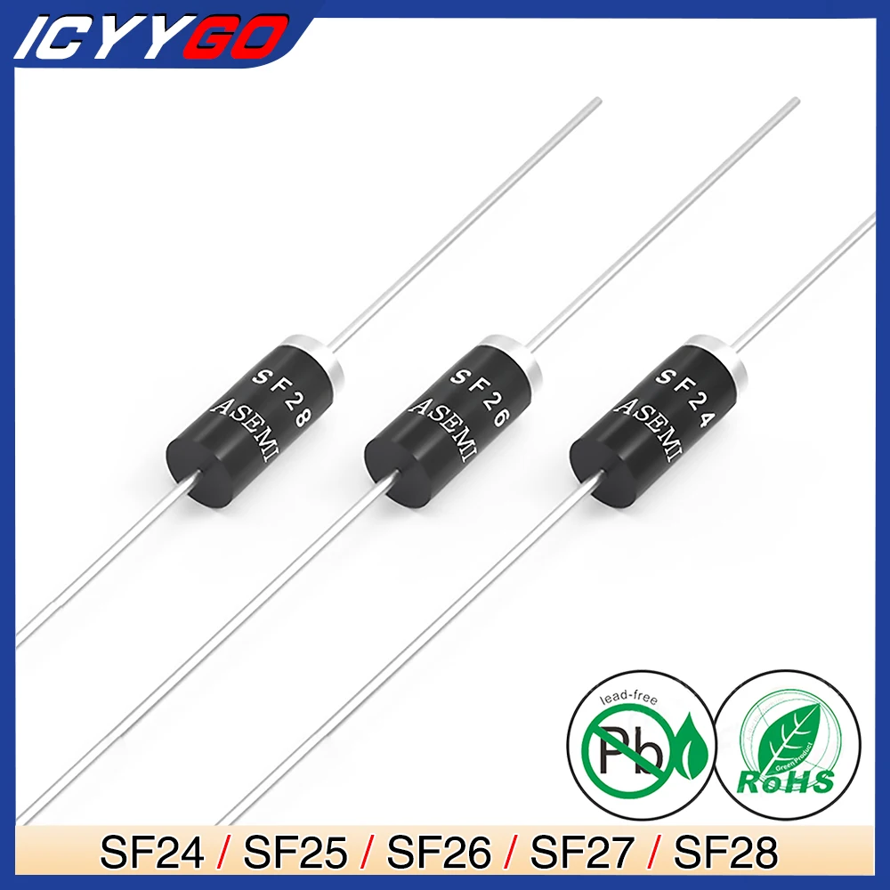 

100 Pcs SF24 SF26 SF27 SF25 SF28 Super Fast Recovery Rectifier Diode 2A 600V 35ns DO-15 DO-204AC Axial 2 Amp 600 Volt Diodes