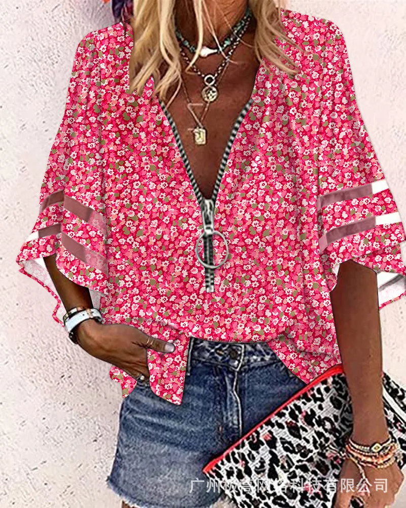 

Pink Ditsy Floral Print Contrast Mesh Zip Front Top Women New 2023 Spring Summer Blouse Flower V Neck Tops