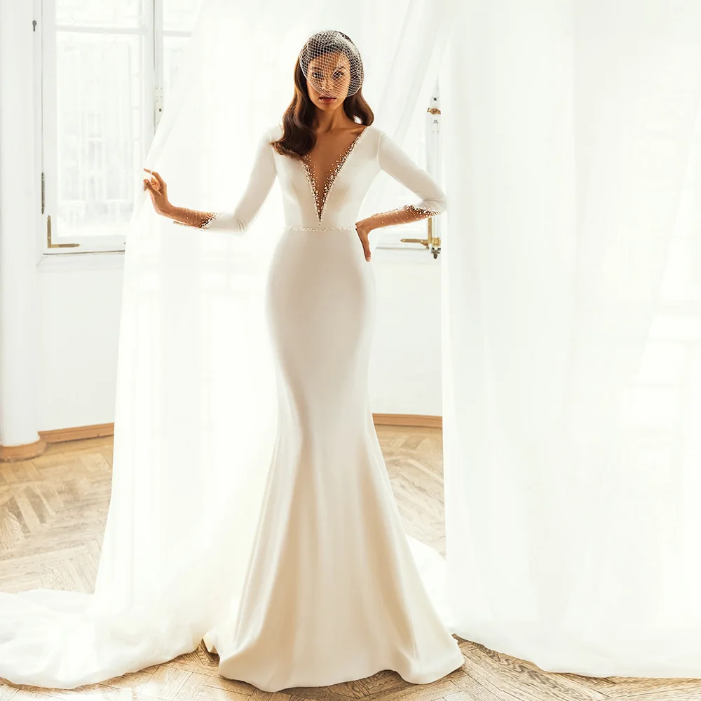 

Женское атласное свадебное платье It's yiiya, белое винтажное платье с длинным рукавом и юбкой годе, расшитое бисером, с открытой спиной на лето