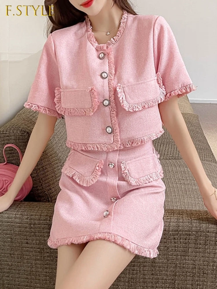 Korean Summer Tweed 2 Two Piece Set Women Outfits Short Sleeve Jacket Tassel Top + High Waist Bodycon Mini Skirt Ensemble Femme
Korean Summer Tweed 2 Two Piece Set Women Outfits Short Sleeve Jacket Tassel Top + High Waist Bodycon Mini Skirt Ensemble Femme