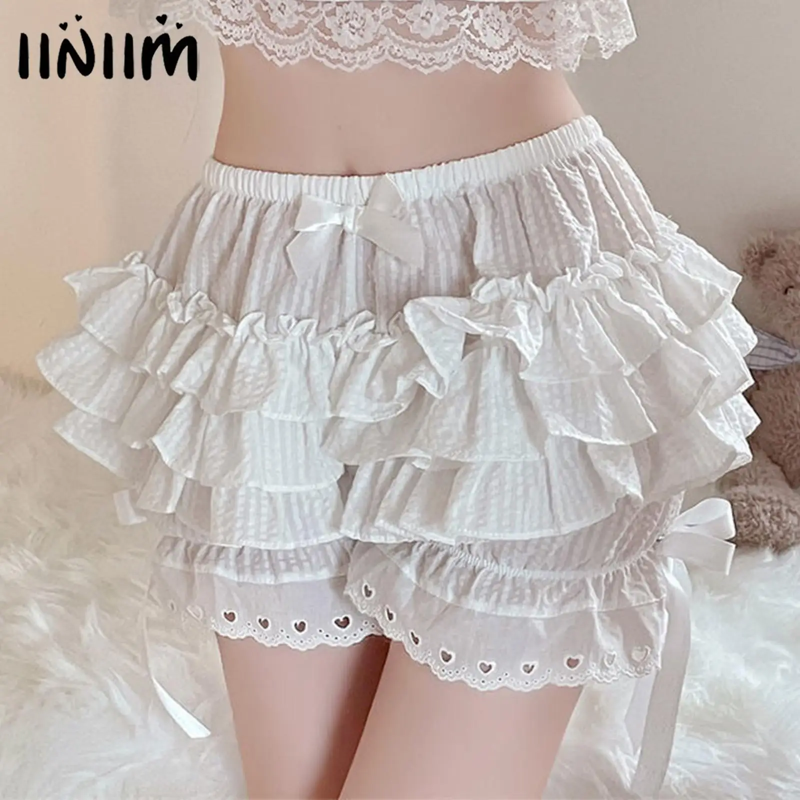 

Womens Halloween Masquerade Party Tiered Frilly Bloomers Bowknot Ruched Culottes Maid Cosplay Ruffled Panties Shorts