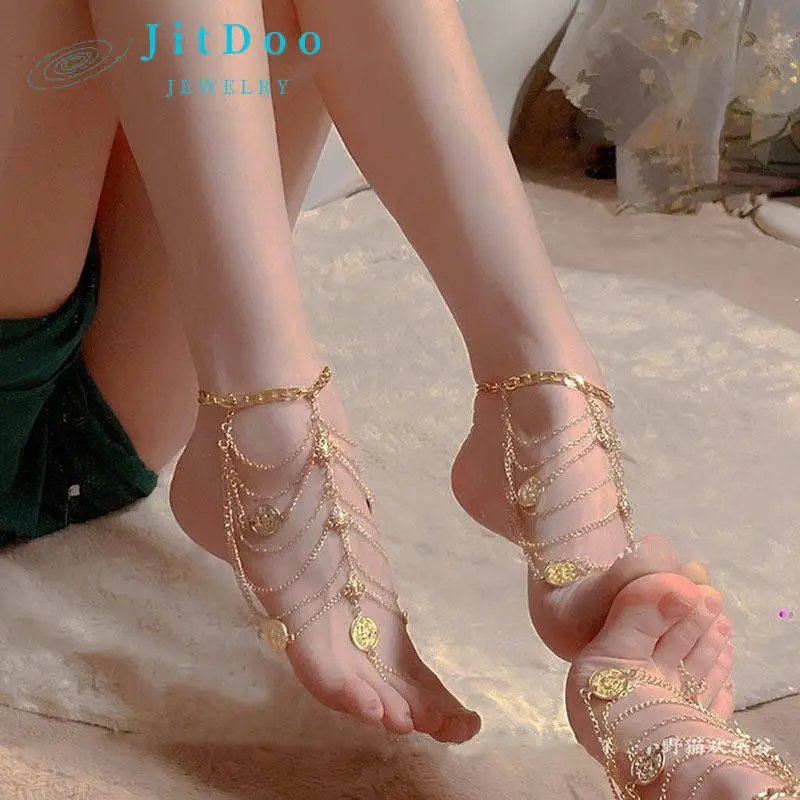 

JitDoo Gorgeous Golden Silver Retro Fringe Metal Anklet Chain for Women Sexy Personality Instep Ornament Sandals Foot Jewelry