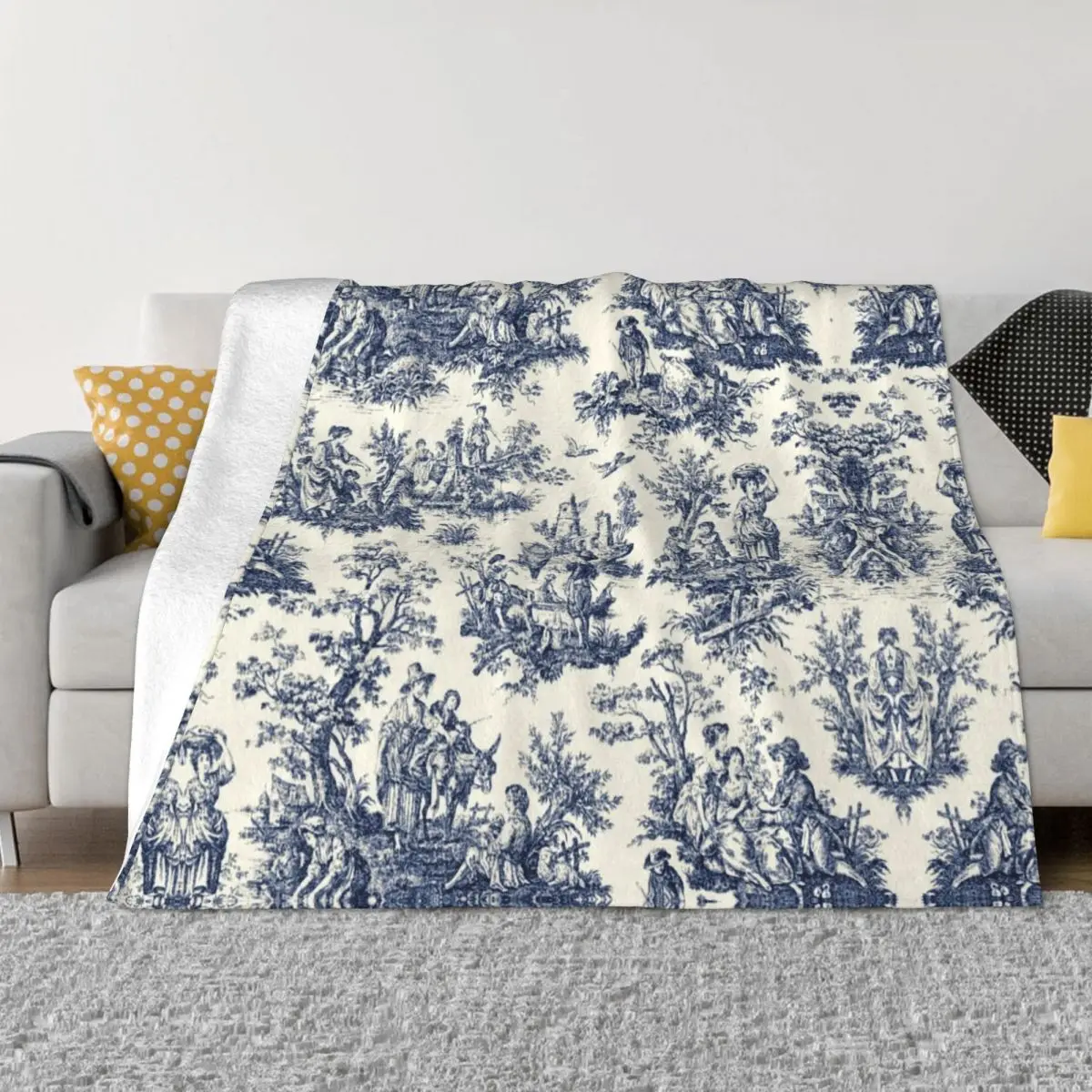 

3D Print Vintage Toile De Jouy Blankets Breathable Soft Flannel Summer Navy Blue And White Throw Blanket for Sofa Car Bedroom