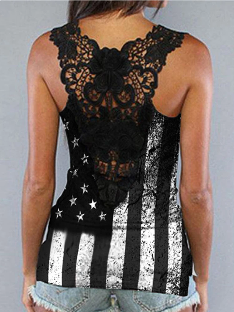 

American Flag Lace Splicing Tank Tops Women 4th of July Sleeveless Shirt US Flag Stars Stripes Patriotic Tops Cutout Top 2023