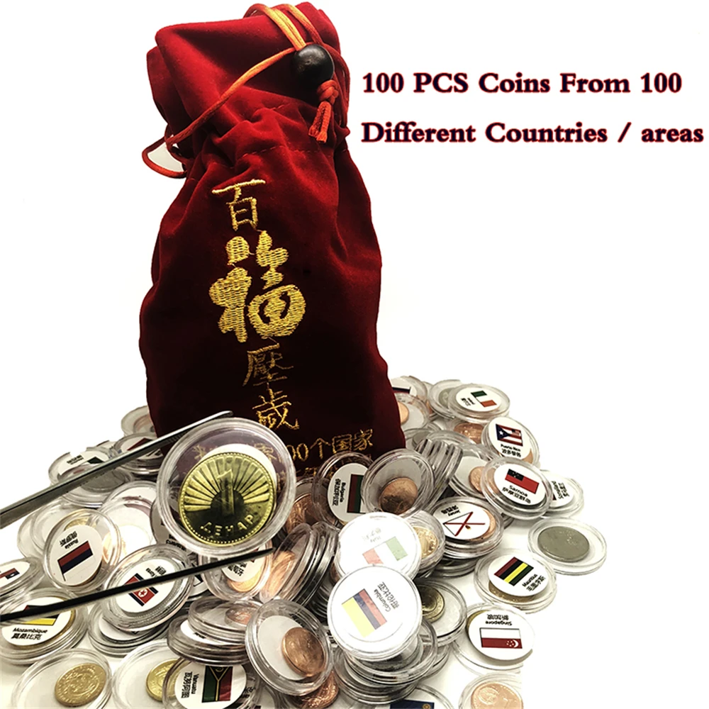 

Монеты из 100 разных стран упакованы в красный пакет для подарочной коллекции, оригинальные монеты с флагом, сувенир, 100 шт.