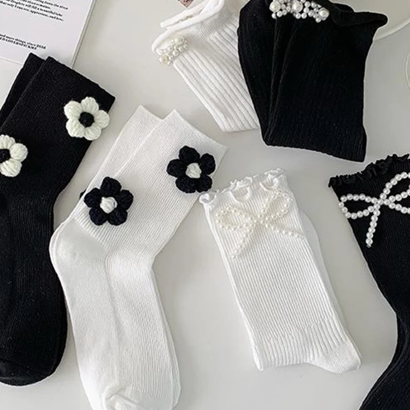 

Носки с жемчужинами для девочек, средние кружевные Гольфы черного и белого цвета с цветочным узором, в стиле принцессы «лолита», 1 пара