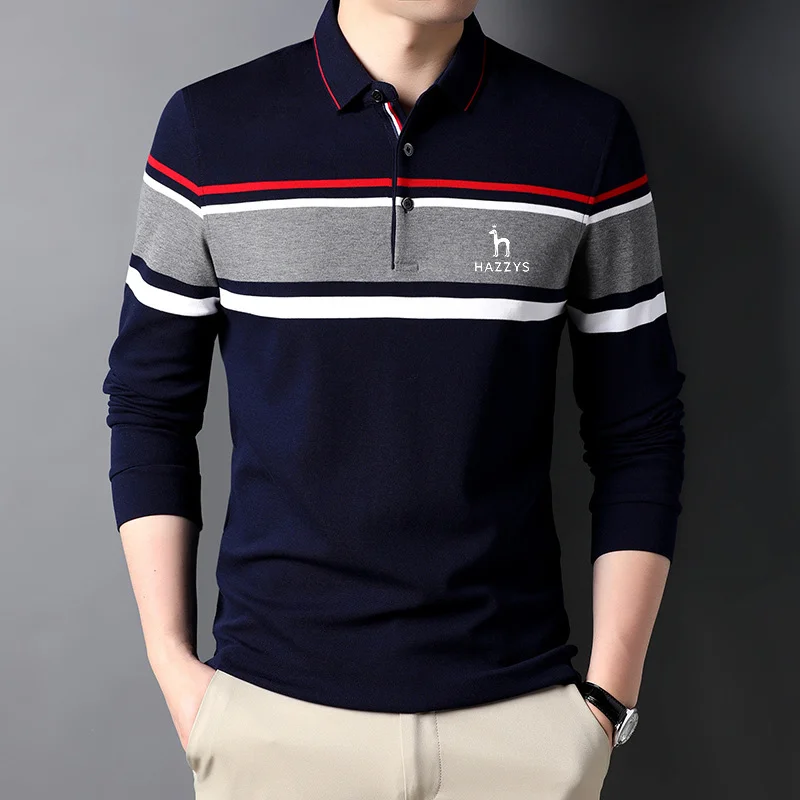 

HAZZYS Men's Long sleeved Shirt, 2023 Spring and Autumn Thin/Korean Edition/Golf Embroidery Colorful Panel Polo Shirt