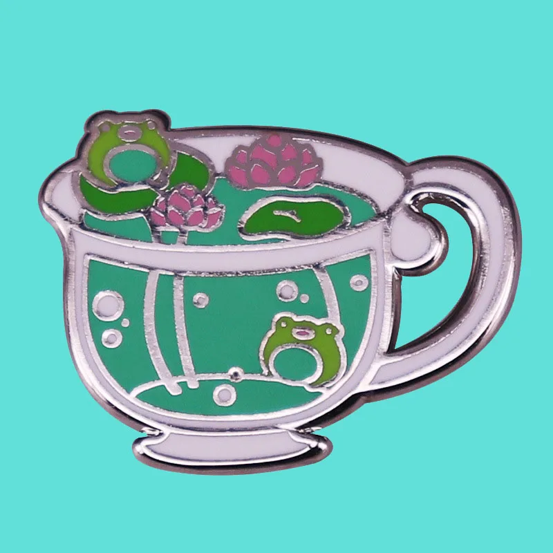 

Frog And Lotus Brooch Teacup Pond Enamel Pin Metal Badge Landscape Art Cartoon Fashion Accessory