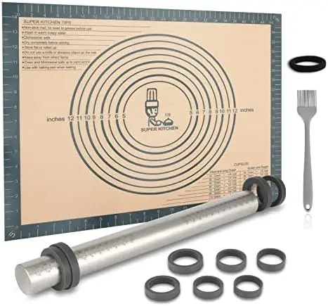 Pastry silicone pad and stainless steel kneading roller with 5 adjustable disc rings, heat-resistant kneading and baking pad (50
Pastry silicone pad and stainless steel kneading roller with 5 adjustable disc rings, heat-resistant kneading and baking pad (50