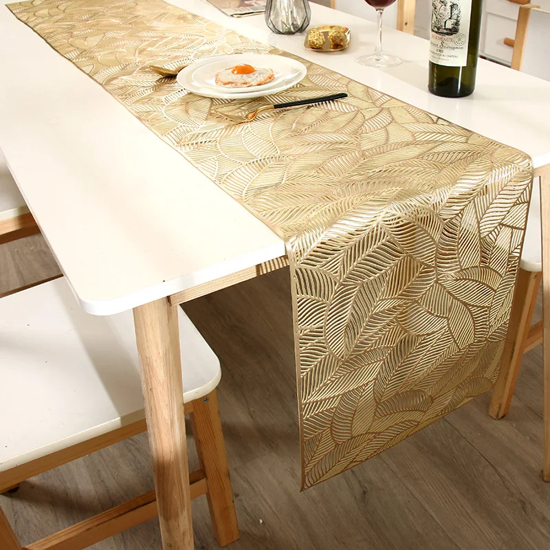 

Bronzing PVC Table Runner 35*180cm Leaf Hollow Anti-slip Heat Insulation Dinning Table Mat Home Hotel Tablecloth Decoration