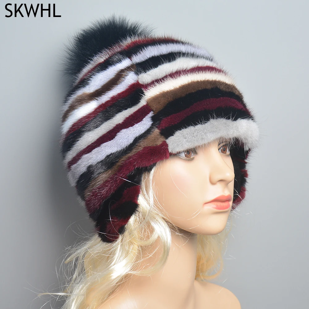 

New Design Real Mink Fur Women Hat Warm Beanies With Genuine Fox Fur Pompom Female Girl Winter Cap Bonnets for Women Designer