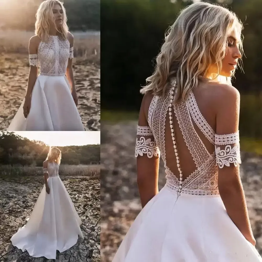 Boho Garden Wedding Dresses For Women A Line Jewel Neck Lace Satin Bridal Party Prom Gowns Buttons Back Beach Robe De Mariee
Boho Garden Wedding Dresses For Women A Line Jewel Neck Lace Satin Bridal Party Prom Gowns Buttons Back Beach Robe De Mariee