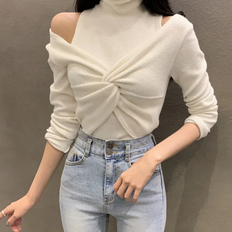 

Women's Hollow Twisted Long Sleeve Top Fall Winter Temperament Off-shoulder New High Neck Pullover Tight-fitting Solid Knitwear