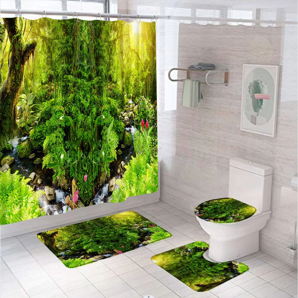 

Primeval Forest Tropical Jungle Shower Curtain Sets Scenery Green Leaves Stream Bathroom Fabric With Bath Mats Rug Toilet Covers