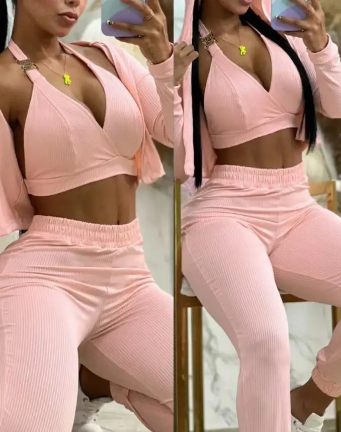 3 Pieces Set Outfits Women 2023 Casual 3PCS Pink Long Sleeve Coat Halter Sleeveless Crop Top & Pants Set Suit Set With Coat
3 Pieces Set Outfits Women 2023 Casual 3PCS Pink Long Sleeve Coat Halter Sleeveless Crop Top & Pants Set Suit Set With Coat