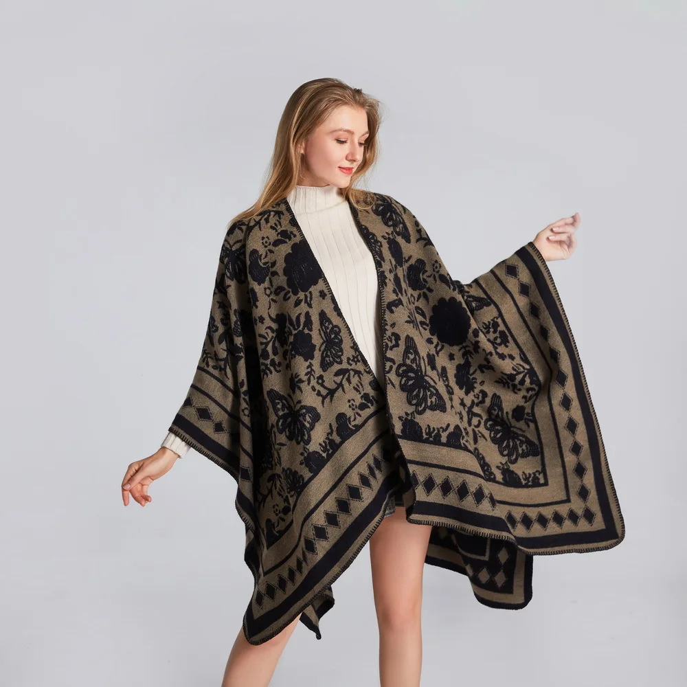 

Women's Winter Reversible Oversized Blanket Wrap Cape Coat Vintage Print Ethnic Open Front Poncho Shawl Cardigans