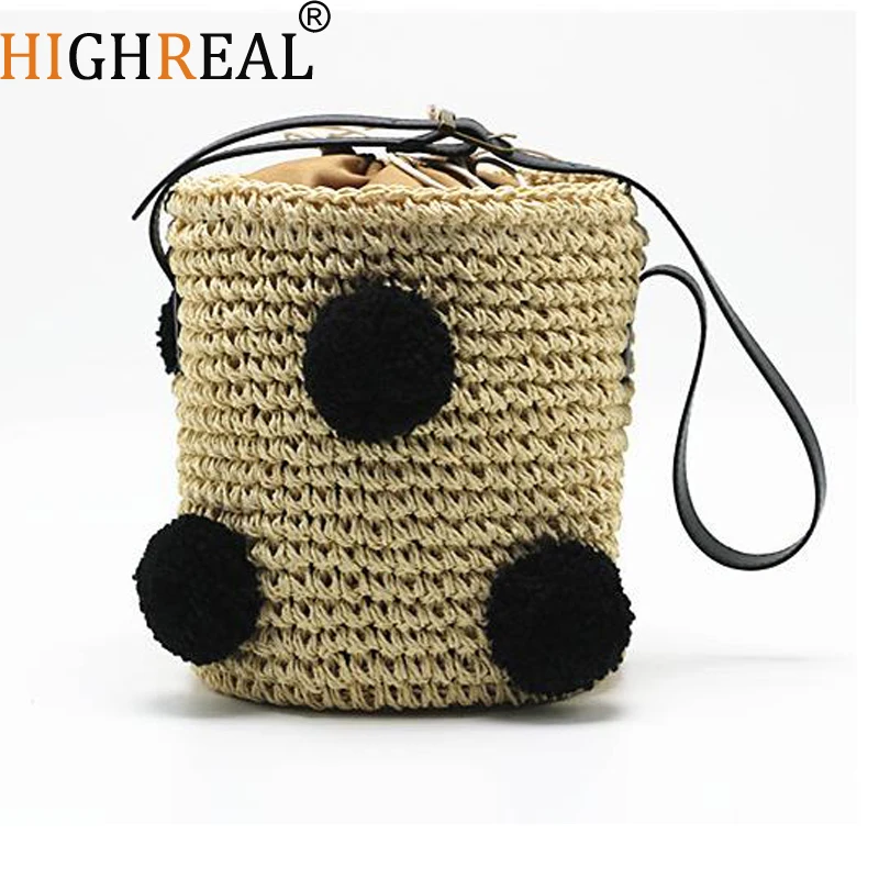 

Bohemian Boho Indian Hair Straw Bag Cherry Pompon Summer Style Cylinders Handbags Thai Woven Beach Bag