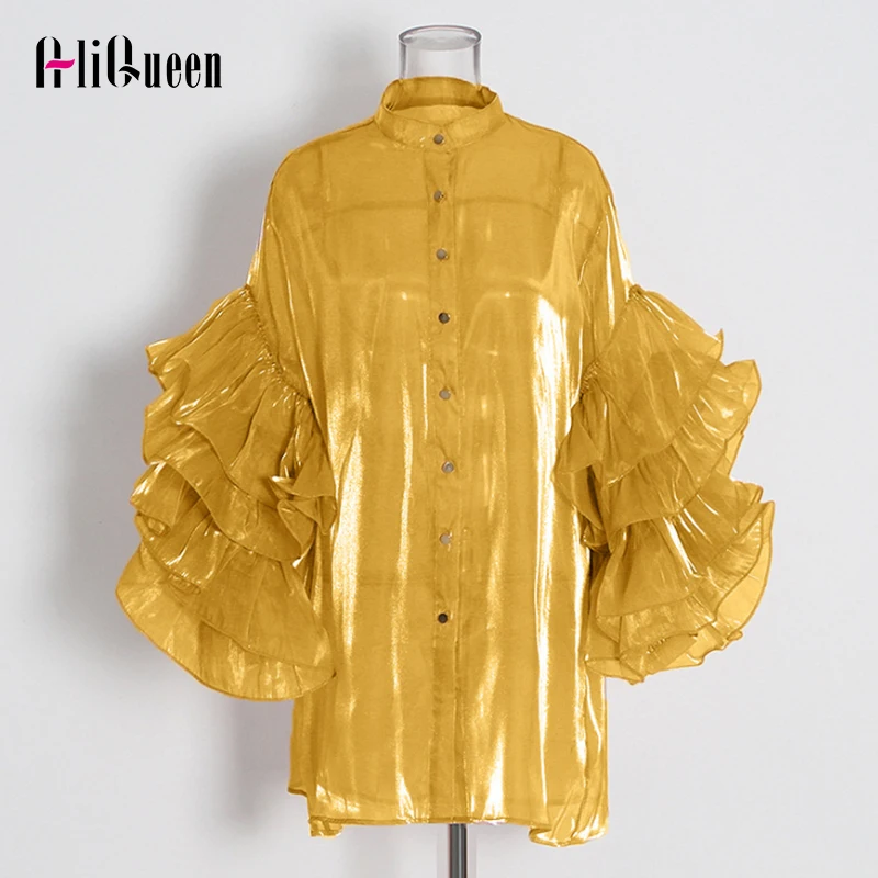 Korean Women Casual Ruffle Shirt Stand Collar Flare Sleeve Solid Sexy See Through Blouse Female Loose Long Sun Protection Shirts
Korean Women Casual Ruffle Shirt Stand Collar Flare Sleeve Solid Sexy See Through Blouse Female Loose Long Sun Protection Shirts