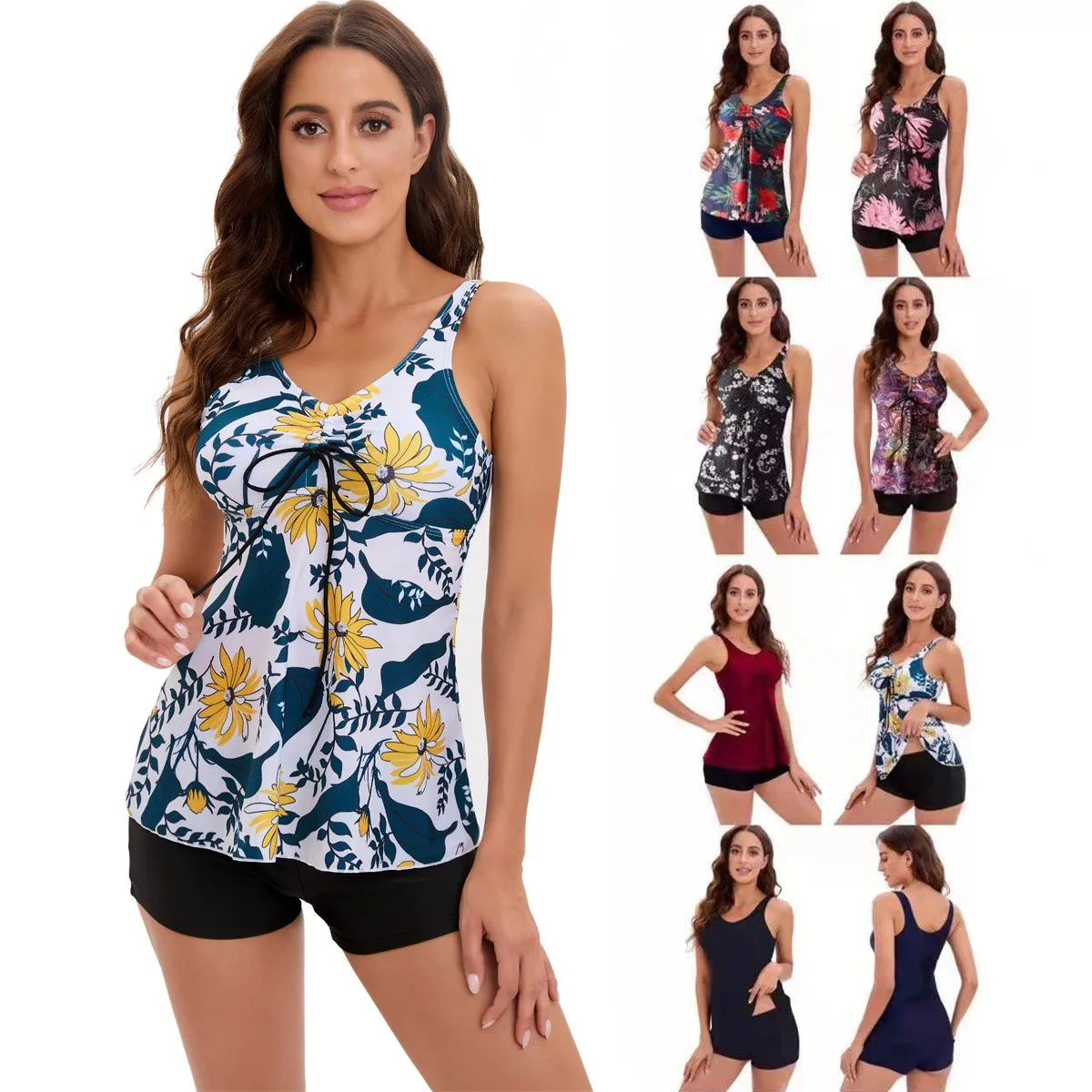 

Women Tankini Tank Top with Shorts Swimsuits for Strappy Back Two Piece High Waist Bathing Suit Tummy Control Swimwear