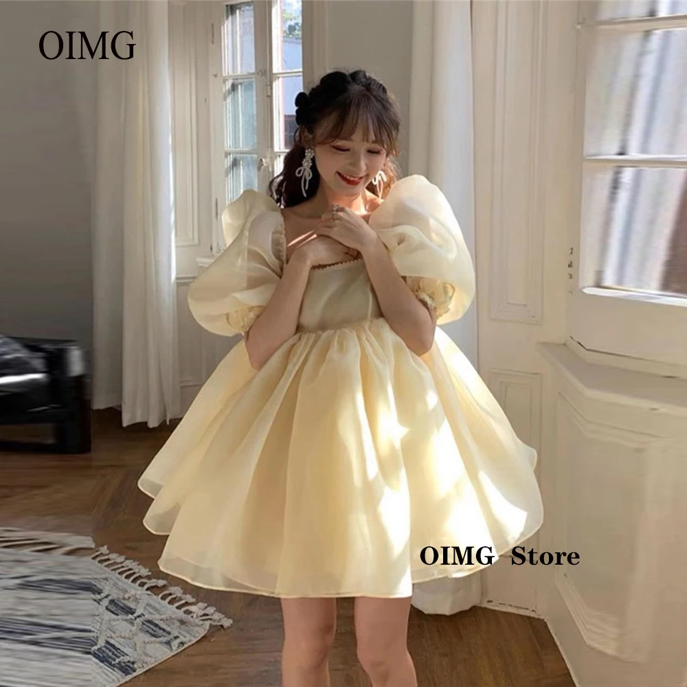 

OIMG Simple Light Yellow Organza Short Prom Party Dresses Puff Sleeves Princess Korea Evening Club Cocktail Dress Tutu Ball Gown