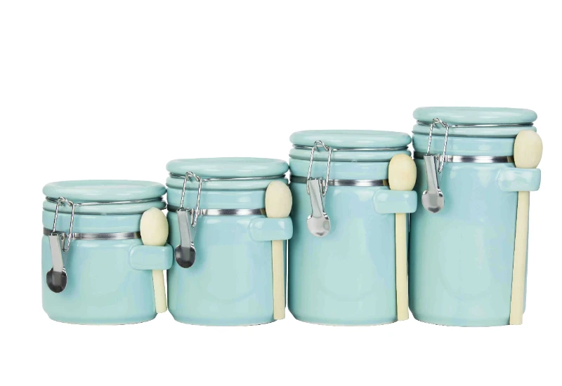 4 Piece Ceramic Canisters with Easy Open Air-Tight Clamp Top Lid and Wooden Spoons, Turquoise
4 Piece Ceramic Canisters with Easy Open Air-Tight Clamp Top Lid and Wooden Spoons, Turquoise
