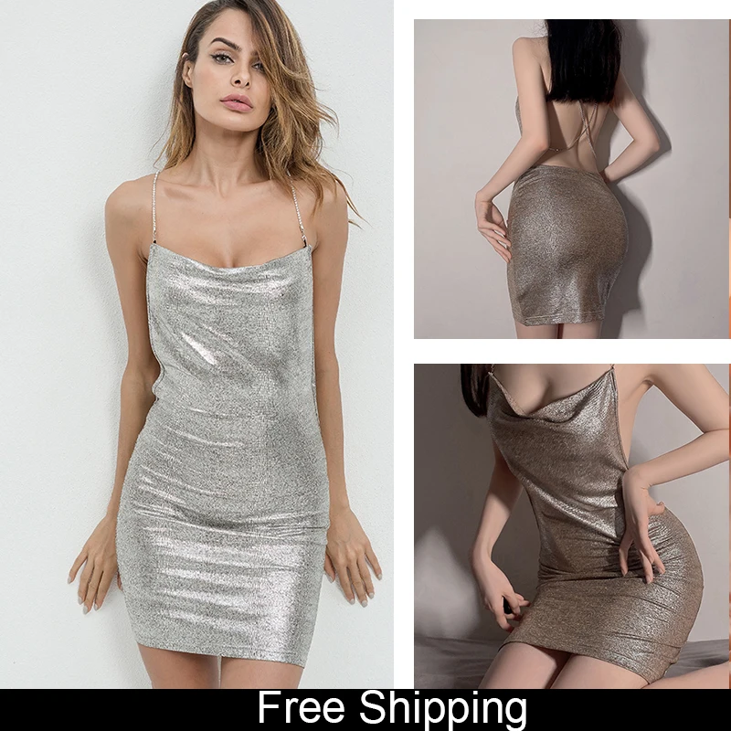 Rhinestone Chain Nightclub Women Hot Sexy Low-Cut Sling Bronzing Backpack Hip Dress Ladies Silver Color Casual Halter Dress
Rhinestone Chain Nightclub Women Hot Sexy Low-Cut Sling Bronzing Backpack Hip Dress Ladies Silver Color Casual Halter Dress